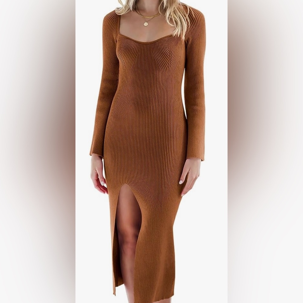 Ribbed Sweater Dress with Sweetheart Neckline and Bell Sleeves